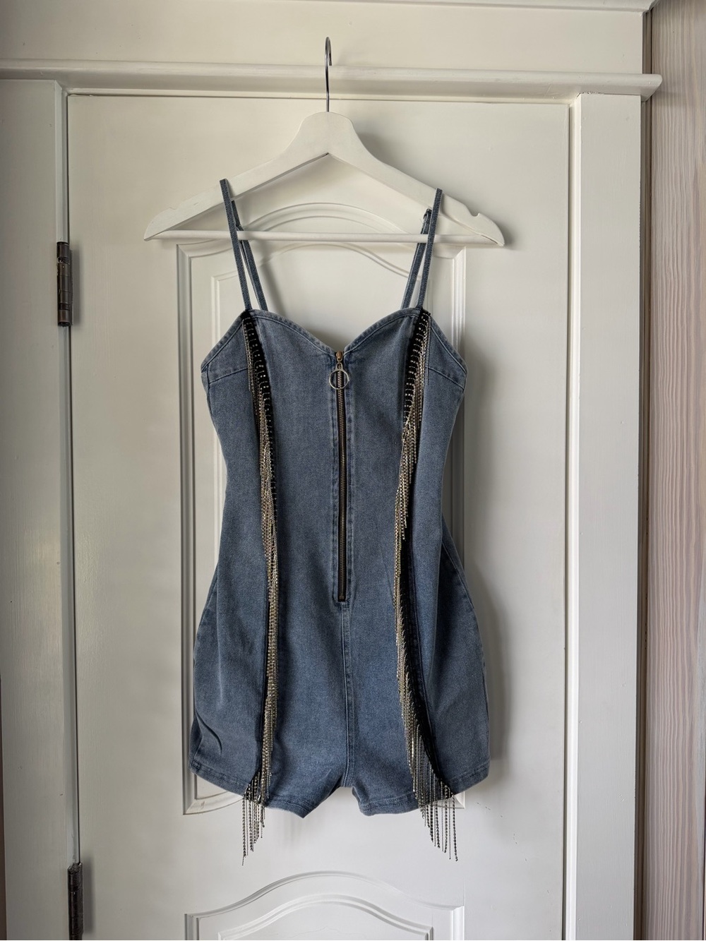 Denim Rhinestone Chain-Trim Romper with Front Zip